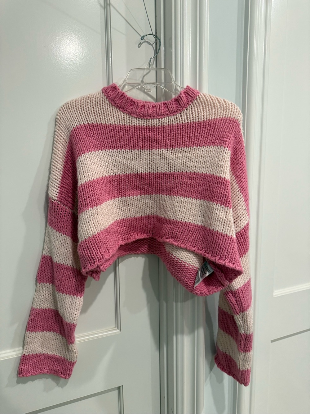 Edikted Pink and Cream Striped Cropped Crew Sweater